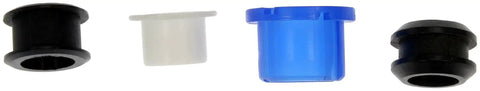 Shift Cable Bushing Kit Replacement For Select Models OE Fix By Dorman Includes Four Bushings Direct Fix For Worn Shifter Cables No Need To Replace Whole Cable Assembly Save Time And Cash - image showing the four included bushings in black, white, and blue colors.