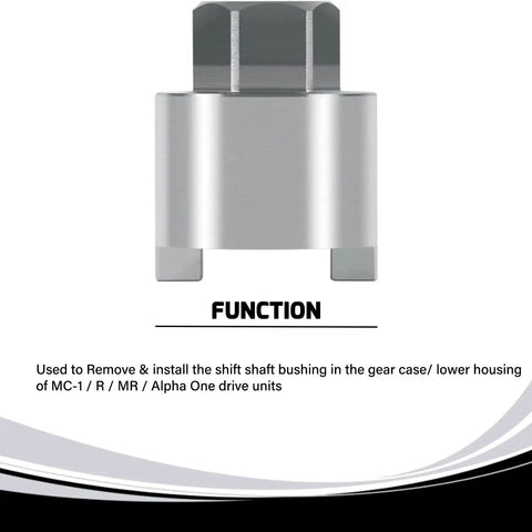 Heavy Duty Shift Shaft Bushing Tool For Mercury Mariner Mercruiser Outboards shown with function description.