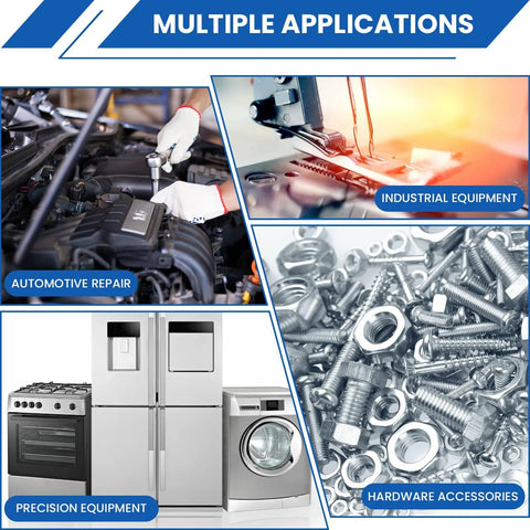 Various uses of Shim Stock Assortment Kit MILYARD for automotive repair, industrial equipment, precision appliances, and hardware accessories.
