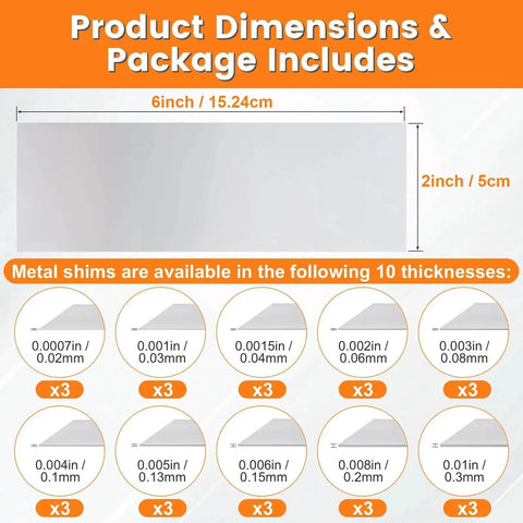 30 Piece Shim Stock Assortment Set 2 In W X 6 In L Metal Shims For Leveling And Alignment Premium 304 Stainless Steel Thin Shim Stock 10 Thicknesses From 0.0007 In To 0.01 In Great For Machinists DIY And Home Repairs dimensions chart