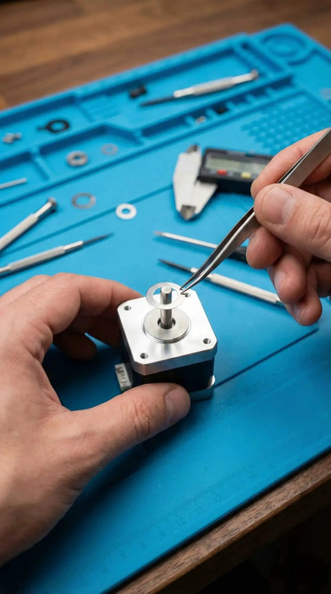 Installing Stainless Steel Shim Washers 15x21 Precision Spacer Kit on motor shaft for CNC machines and RC tuning.