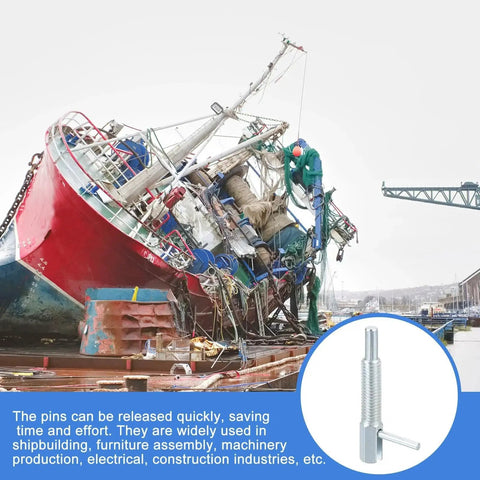 Customization scene in shipyard with 4 Pack Retractable Indexing Plunger Pins M8 Carbon Steel Spring Loaded Latch Pins for machinery use.