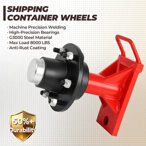 Heavy Duty Shipping Container Wheels Kit For 20-40ft Containers, 6-Lug Casters, red support bracket, black wheel hub