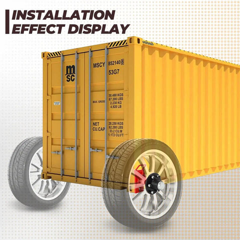 Installation view of Heavy Duty Shipping Container Wheels Kit For 20-40ft Containers, 6-Lug Casters fitted on yellow container