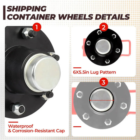 Heavy Duty Shipping Container Wheels Kit For 20-40ft Containers, 6-Lug Casters with corrosion-resistant cap and lug pattern detail
