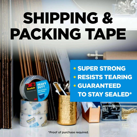 Scotch Heavy Duty Packaging Tape 1.88 In x 54.6 yd Clear 3 In Core 6 Rolls displayed with packing supplies