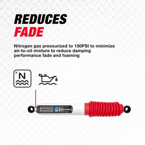 Rs5000X Style Suspension Shock Absorber Replacement For Ford Excursion 2000 To 2005 And Ford F 250 Super Duty 1999 To 2023 And Ford F 350 Super Duty 1999 To 2023 Front Or Rear Heavy Duty Ride displayed with text explaining nitrogen gas pressurization.