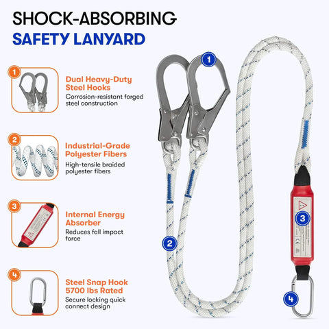 Full Body Safety Harness With Shock Absorbing Lanyard For Fall Protection OSHA And ANSI Compliant with steel hooks and absorber