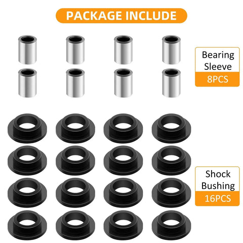 Shock Bushing Kit 16 Pcs And Bearing Sleeve Kit 8 Pcs For Arctic Cat ATV Shock Absorbers; includes rubber bushings and steel sleeves.