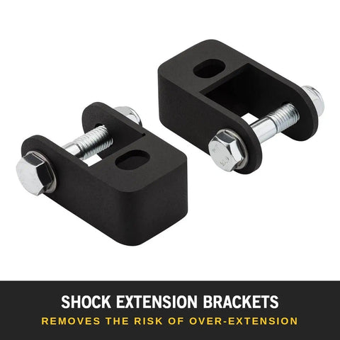 Upgrade your 2005-2023 Ford F-250/F-350 4WD with a 2.5 inch front leveling kit featuring billet aluminum spacers and shock mount extenders