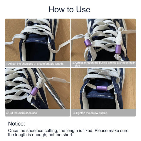 Step-by-step guide using Shoelace Locks Buckle, 8 x 18mm Aluminum Elastic No Tie Shoelace Turnbuckle on sneakers.