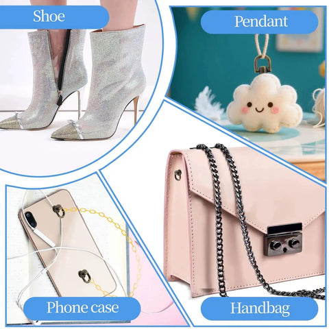 Collage of glitter shoes, cute cloud pendant, phone case with chain, and pink handbag showing fashion and accessories