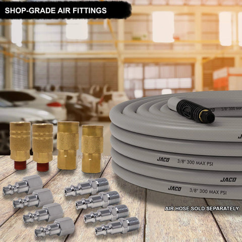 JACO 12-piece air hose fittings kit with brass quick-connects and silver plugs, 1/4 in NPT, coiled gray air hose
