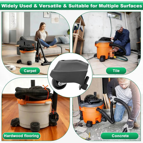 Replacement Foot Caster And Caster Wheel For Shop Vacuums 6 To 16 Gallon Fits WD16650 WD06350 shows vacuum use on various surfaces
