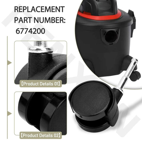 Replacement Caster Wheels Set Of 4 For Shop Vac Vacuum Cleaners 6774200 4201796 close-up view attached to shop vac