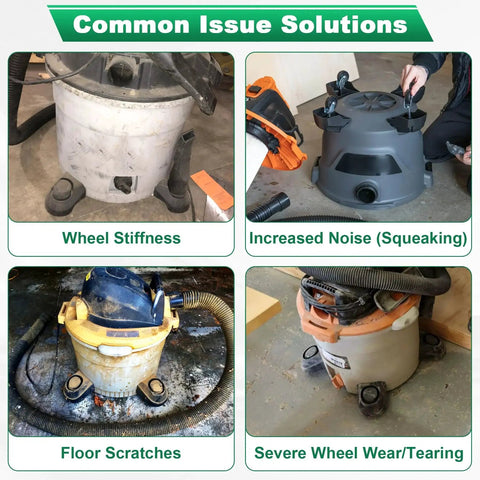 Common issue solutions for Ridgid Shop Vac vacuum cleaners with caster wheels showing wheel stiffness, noise, floor scratches, wear