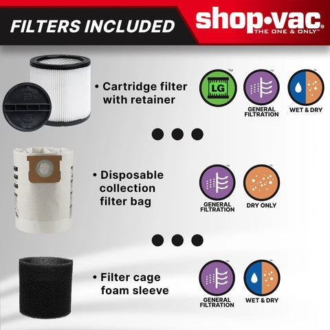 Filters included with Heavy Duty 12 Gallon Wet Dry Vacuum With Built In Water Pump 5.0 Peak HP 2.5 Inch Diameter 8 Foot Hose 12 Foot Cord Black