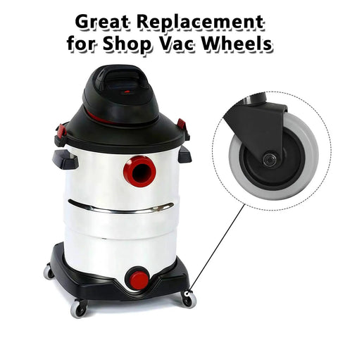 Vacuum cleaner with inset showing replacement non-marking TPR caster wheel for mop buckets, 3-inch diameter, grip ring stem.