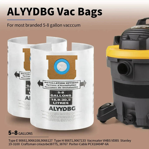 Shop Vacuum Bag Set For Five To Eight Gallon Vacuums Type E And Type H Compatible With VHBS VDBS High Efficiency Disposable Vacuum Filter Bags Five Pack With Two And A Half Inch Nozzle Attachment product image showing bags and vacuum.