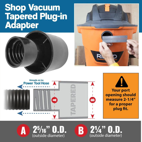 Diagram of Shop Vacuum Tapered Plug-In Adapter connecting to a vacuum with port dimensions for 10 Foot Dust Collection Hose Kit.