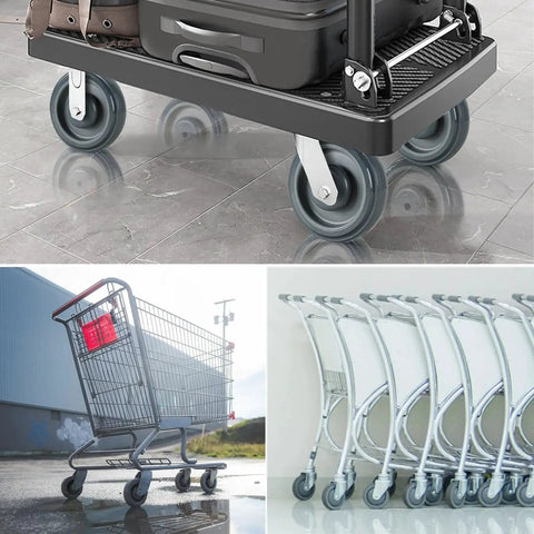 Collage image of shopping carts and trolleys showcasing the 16 Pack 5 Inch Shopping Cart Replacement Wheels Kit With Double Ball Bearing TPU Silent Casters For Supermarkets Grey, Built With Abrasion Resistant Polyurethane, Silent Shock Absorber, Wear Resistant And High Impact, Non Marking.