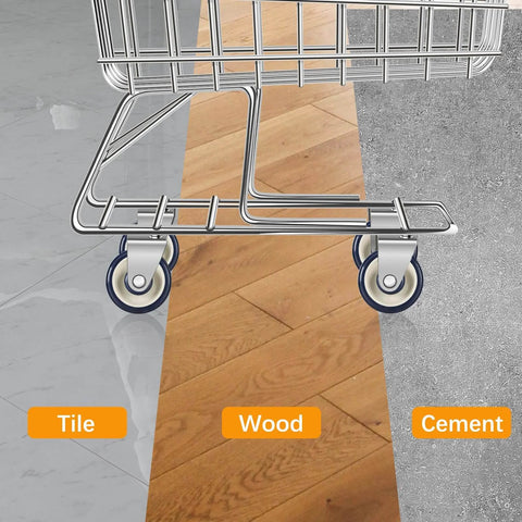 Shopping cart with 12 Pack Shopping Cart Replacement Wheels Kit with 5 Inch TPU Casters on tile, wood, and cement floors.