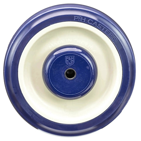Universal Replacement Shopping Cart Wheel 5 Inch By 1.25 Inch Blue And Tan Crown TPU Tread With Dual 5 16th Precision Bearings 250 Lb Capacity Made In USA