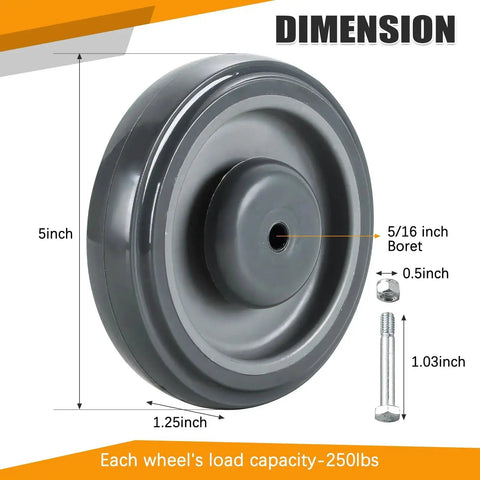 16 Pack 5 Inch Shopping Cart Replacement Wheels Kit With Double Ball Bearing TPU Silent Casters For Supermarkets Grey, dimensions shown