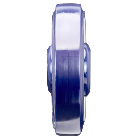 Side view of Universal Replacement Shopping Cart Wheel 5 Inch By 1.25 Inch Blue And Tan Crown TPU Tread With Dual 5 16th Precision Bearings