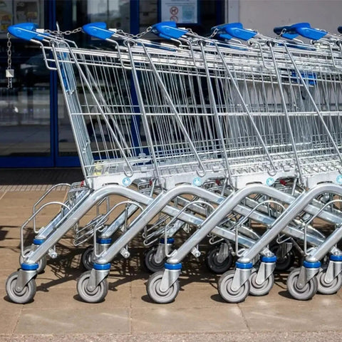 Shopping carts with grey wheels from 6-Piece Shopping Cart Wheel Replacement Kit With 5-Inch Wheels Axles Bolts And Washers Nylon And Polyurethane Construction Durable Grey Wheels With Bearings And Tread For Smooth Rolling.