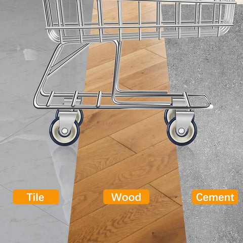 8 Pack 5 Inch Shopping Cart Replacement Wheels Kit With Double Ball Bearing TPU Silent Wheels For Supermarkets showing wheels on tile, wood, cement surfaces