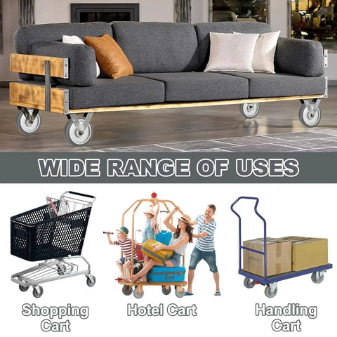 6-Piece Shopping Cart Wheel Replacement Kit With 5-Inch Wheels Axles Bolts And Washers Nylon And Polyurethane Construction Durable Grey Wheels With Bearings And Tread For Smooth Rolling displayed in various uses such as shopping, hotel, and handling carts