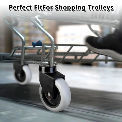 Close-up of 3 Inch Mop Bucket Casters Replacement Set Of 4 Non Marking TPR Caster Wheels With Grip Ring Stem under a trolley.