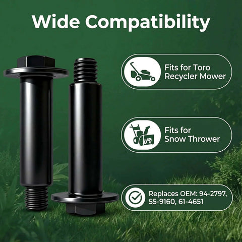Two black 614650 shoulder bolts for Toro lawn mower and snow blower, with compatibility features shown in the background.