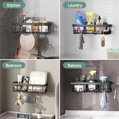 Rustproof shower caddy set with no-drill adhesive mounts delivering easy wall storage for bath essentials and more, installed.