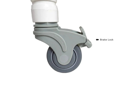 Deluxe Replacement Shower Chair Wheels Set Of Four Locking Rubber Casters With Smooth Stem, close-up of brake lock on caster