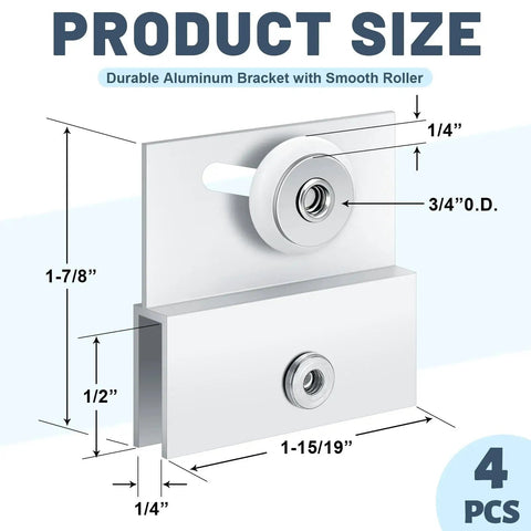 Four Pcs M 6054 Frameless Shower Door Rollers With Adjustable Top Bracket For Sliding Doors Three Quarter Inch Flat Round Plastic Wheel Aluminum Ball Bearing Replacement Pack diagram showing dimensions.