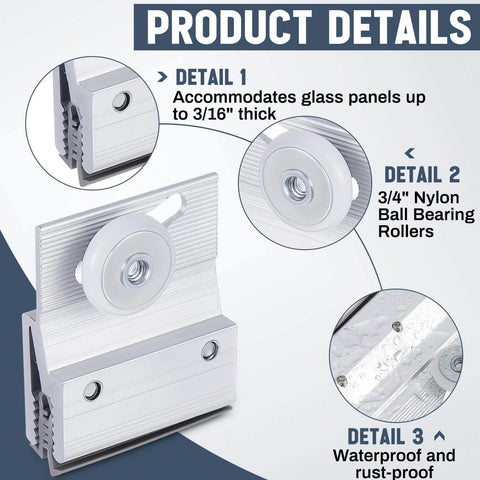 4 Pcs M 6145 Frameless Shower Door Roller Top Bracket Assembly with 3/4 in round plastic wheel, chrome aluminum bracket details