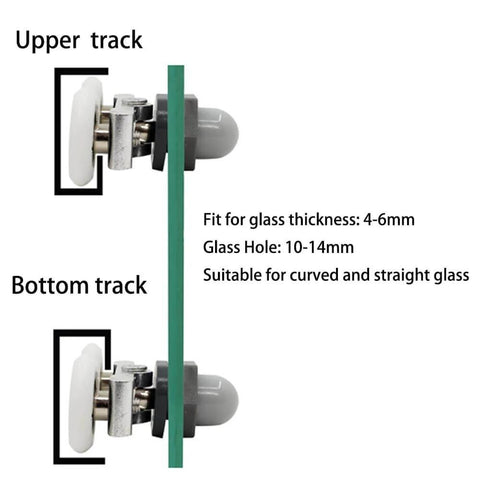 Diagram showing 6PCS 23mm shower door rollers replacement with sliding wheels and runners, adjustable fit for 4-6mm glass doors.