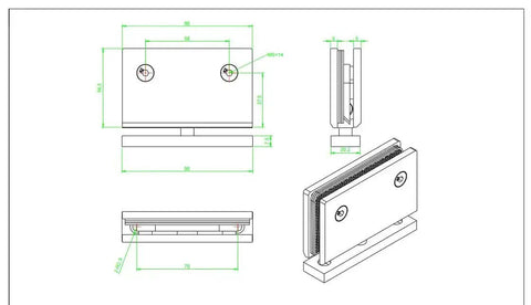 Technical drawing of Heavy Duty 360 Degree Shower Glass Door Pivot Hinge in 304 stainless steel for 8mm to 12mm glass installation