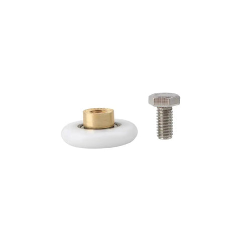 Close-up of a single 19mm shower door roller with screw, part of Four Pcs 19mm Shower Door Rollers Replacement Runners Wheels For Universal Glass Sliding Doors Bathroom Shower Enclosure Durable High Quality Construction For Smooth Operation And Easy Installation.