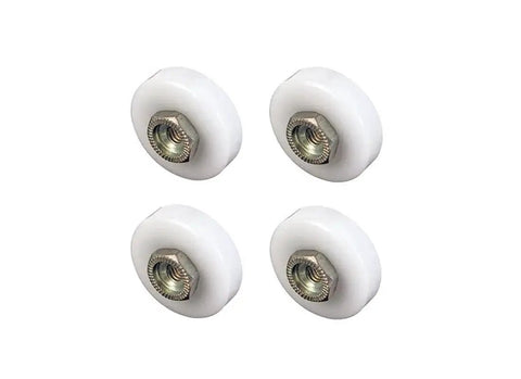 Three Quarters Inch Diameter Shower Door Roller With Flat Edge Nylon Tire, Steel Ball Bearings And Threaded Hex Head Hub, Pack Of Four