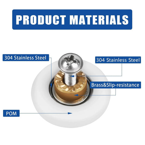 27mm Shower Door Rollers Replacement Set with 304 stainless steel, brass, and POM materials labeled for durability.