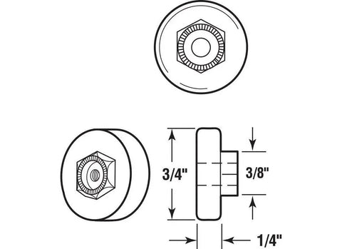 Technical diagram of Three Quarters Inch Diameter Shower Door Roller with flat edge nylon tire, steel ball bearings, and hex head hub