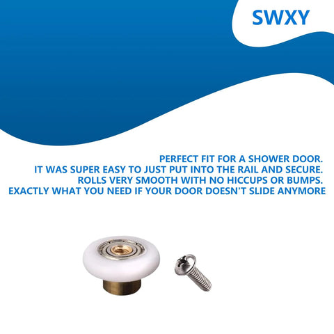 25mm Shower Door Rollers Replacement Runners 4PCS set with nylon wheel and brass core next to a screw on blue and white background