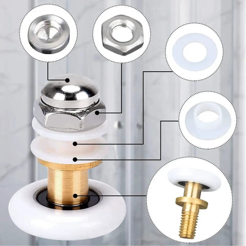 4 Pcs Shower Door Rollers Set 20mm Diameter For Glass Sliding Doors Replacement, showing copper, stainless steel, nylon bearings.