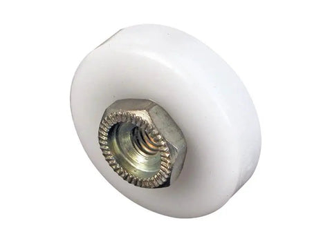 Close-up of three quarters inch diameter shower door roller with flat edge nylon tire, steel ball bearings and threaded hex head hub.