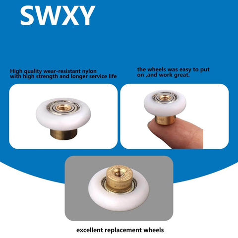 25mm Shower Door Rollers Replacement Runners 4PCS with nylon wheels and brass core, shown on fingertip display