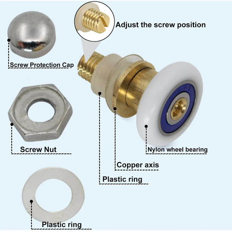 23mm Shower Door Rollers Replacement 4PCS Set for Bathroom Glass Sliding Doors showing components: copper axis, nylon wheel bearing, screw protection cap, screw nut, and plastic ring.