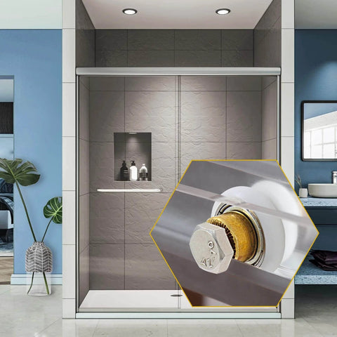Close-up of 4PCS Shower Door Roller Runners 19mm Sliding Replacement Wheels on bathroom glass door with copper roller detail.